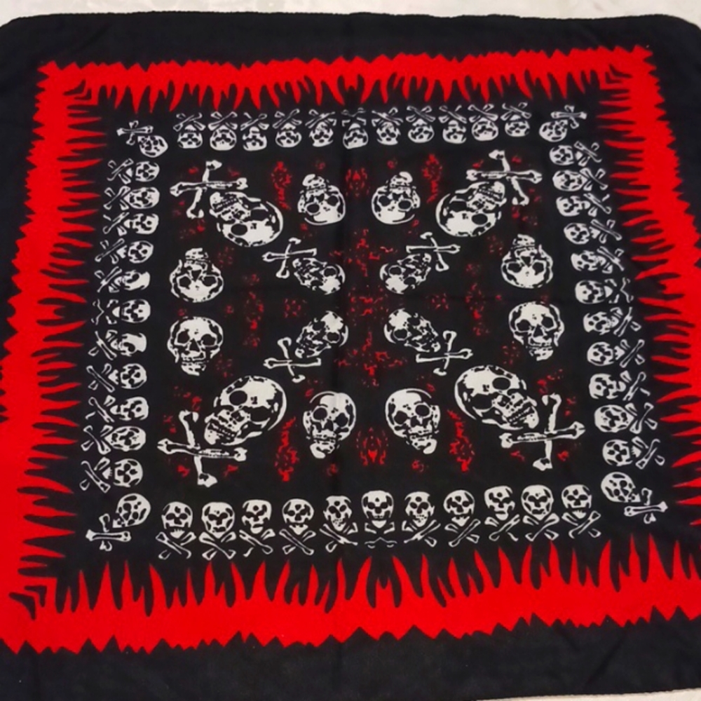 Vintage skull and bones bandana Red Black White 22in length